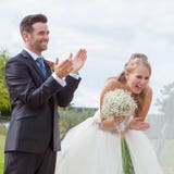Happy bride and groom at wedding reception stock photos Happy bride and groom at wedding reception stock photos