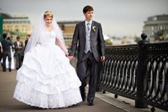 Happy bride and groom at wedding walk royalty free stock photography Happy bride and groom at wedding walk royalty free stock photography