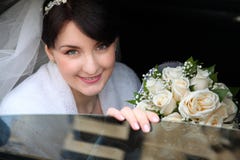 Happy Bride In The Car Stock Photography