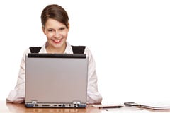 Happy Business Woman In Office Works On Laptop Stock Photography