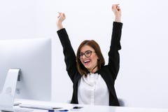 Happy businesswoman with raised hands up royalty free stock photography Happy businesswoman with raised hands up royalty free stock photography