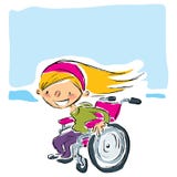 Happy cartoon smiling blonde girl in magenta wheelchair moving f vector illustration Happy cartoon smiling blonde girl in magenta wheelchair moving f vector illustration