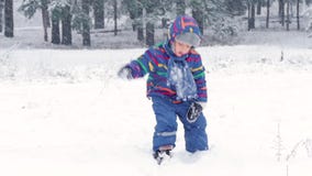 Happy child playing with snow in the forest or park. Beautiful winter day during a snowfall. Fun and games in the fresh stock video footage Happy child playing with snow in the forest or park. Beautiful winter day during a snowfall. Fun and games in the fresh stock video footage