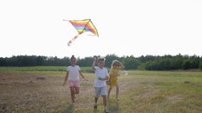 Happy childhood, joyful friends kids running around clearing with kite in sky while relaxing in nature