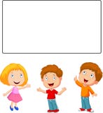 Happy children cartoon looking and pointing to blank banner vector illustration Happy children cartoon looking and pointing to blank banner vector illustration