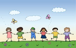 Happy Children Holding For Hands On Field Stock Photos Happy Children Holding For Hands On Field Stock Photos