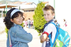 Happy Children In Front Of The School, Outdoor Royalty Free Stock Image