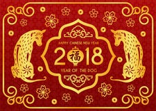 Happy Chinese new year 2018 card with Chinese word mean blessing in lanterns and twin Gold dog vector design stock illustration Happy Chinese new year 2018 card with Chinese word mean blessing in lanterns and twin Gold dog vector design stock illustration