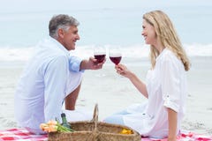 Happy couple toasting with red wine during a picnic stock photo Happy couple toasting with red wine during a picnic stock photo