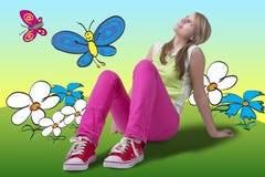 Happy Dreamful Springtime Girl Looking Up Royalty Free Stock Image