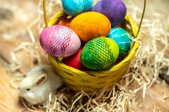 Happy Easter - beautiful, bright, colorful hand-painted Easter eggs in a yellow basket on a natural, wooden background royalty free stock photos Happy Easter - beautiful, bright, colorful hand-painted Easter eggs in a yellow basket on a natural, wooden background royalty free stock photos