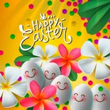 Happy Easter card with eggs and flowers, bright yellow background, floral paints, vector. vector illustration Happy Easter card with eggs and flowers, bright yellow background, floral paints, vector. vector illustration
