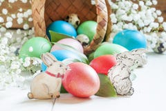 Happy easter! Festive composition with colored eggs, poured out stock image Happy easter! Festive composition with colored eggs, poured out stock image
