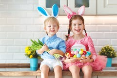 Happy easter! funny funny children l with ears hare getting rea royalty free stock photography Happy easter! funny funny children l with ears hare getting rea royalty free stock photography