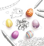 Happy Easter lettering handwritten with calligraphic font, surrounded by colorful eggs, cute baby bunny, dandelions Stock Photo Happy Easter lettering handwritten with calligraphic font, surrounded by colorful eggs, cute baby bunny, dandelions Stock Photo