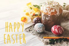 Happy easter text. season`s greetings card. stylish painted egg stock photo Happy easter text. season`s greetings card. stylish painted egg stock photo