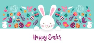 Happy Easter, vector banner with flowers, eggs and bunnies