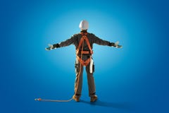 Happy engineer feel succerss after good work. Color studio background stock photo Happy engineer feel succerss after good work. Color studio background stock photo