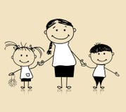 Happy family, mother and children, drawing sketch vector illustration Happy family, mother and children, drawing sketch vector illustration