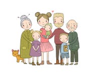 Happy family. Parents with children. Cute cartoon dad, mom, daughter, son and baby. grandmother and grandfather. Funny vector illustration Happy family. Parents with children. Cute cartoon dad, mom, daughter, son and baby. grandmother and grandfather. Funny vector illustration