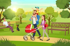 Happy Family Strolling with Pram In Park Vector royalty free illustration Happy Family Strolling with Pram In Park Vector royalty free illustration