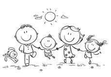 Happy family with two children having fun running outdoors, outline stock illustration Happy family with two children having fun running outdoors, outline stock illustration