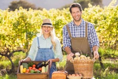 Happy farmer couple presenting their local food Royalty Free Stock Images Happy farmer couple presenting their local food Royalty Free Stock Images
