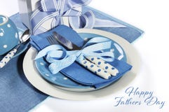 Happy Fathers Day Blue Theme Table Setting With Gift Royalty Free Stock Photography