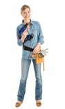 Happy Female Construction Worker With Drill And Tool Belt royalty free stock photos Happy Female Construction Worker With Drill And Tool Belt royalty free stock photos