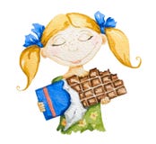 Happy girl with a big chocolate bar