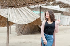 Portrait of beautiful positive happy sensitive young girl or woman posing outdoors in casual clothes with smile and adorable eyes royalty free stock images Portrait of beautiful positive happy sensitive young girl or woman posing outdoors in casual clothes with smile and adorable eyes royalty free stock images