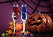 Happy Halloween Ghoulish Party Cocktail Drinks With Skeleton Glasses And Pumpkin Stock Photography Happy Halloween Ghoulish Party Cocktail Drinks With Skeleton Glasses And Pumpkin Stock Photography