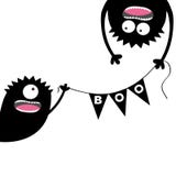 Happy Halloween Two screaming monster head silhouette. Bunting flags pack Boo letters. Flag garland. Hanging upside down. Black Fu Royalty Free Stock Photos Happy Halloween Two screaming monster head silhouette. Bunting flags pack Boo letters. Flag garland. Hanging upside down. Black Fu Royalty Free Stock Photos