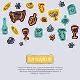 Happy Hanukkah greeting card with hand drawn elements and lettering on gray background. Menorah, Dreidel, candle, hebrew royalty free illustration Happy Hanukkah greeting card with hand drawn elements and lettering on gray background. Menorah, Dreidel, candle, hebrew royalty free illustration