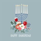 Happy Hanukkah greeting card, invitation with hand drawn candleholder, dreidle, donut and floral bouquet. Vector royalty free illustration Happy Hanukkah greeting card, invitation with hand drawn candleholder, dreidle, donut and floral bouquet. Vector royalty free illustration