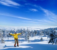 Happy Hiker In A Winter Forest Stock Photo