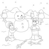 Happy Kids Building a Snowman. Coloring Page Cartoon Vector stock illustration Happy Kids Building a Snowman. Coloring Page Cartoon Vector stock illustration