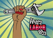 Happy Labor Day lettering. Cartoon female hand with manicure holds adjustable wrench. royalty free illustration Happy Labor Day lettering. Cartoon female hand with manicure holds adjustable wrench. royalty free illustration