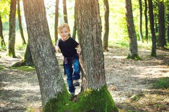 Happy Little Boy At The Forest. Joyful Child Playing On The Park At Sunny Day. Family Walk At Wild Nature. Summer Holidays Or Royalty Free Stock Image