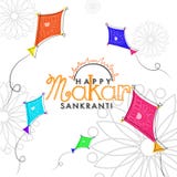Happy Makar Sankranti greeting card design with doodle illustration of flying kites on white floral background. royalty free illustration Happy Makar Sankranti greeting card design with doodle illustration of flying kites on white floral background. royalty free illustration
