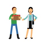 Happy male farmer cartoon character selling apples to woman, fresh farm products royalty free illustration Happy male farmer cartoon character selling apples to woman, fresh farm products royalty free illustration