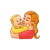 Happy mother holding in arms and kissing her smiling infant child isolated on white background. royalty free illustration Happy mother holding in arms and kissing her smiling infant child isolated on white background. royalty free illustration