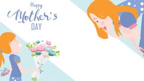 Happy mother`s day greeting card. Child daughter congratulates mom and gives her flowers tulips. Vector illustration flat design stock illustration Happy mother`s day greeting card. Child daughter congratulates mom and gives her flowers tulips. Vector illustration flat design stock illustration
