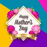 Happy mother`s day - Greeting card. Frame with greeting, flowers and golden ribbon on a pattern background. Royalty Free Stock Images Happy mother`s day - Greeting card. Frame with greeting, flowers and golden ribbon on a pattern background. Royalty Free Stock Images