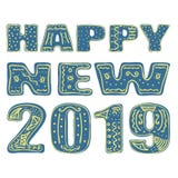 Happy new 2019. Hand drawing, isolate, lettering, typography, font processing, scribble. Designed for posters, cards, T-shirts and stock illustration Happy new 2019. Hand drawing, isolate, lettering, typography, font processing, scribble. Designed for posters, cards, T-shirts and stock illustration