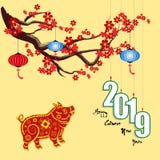 Happy New Year 2019. Chienese New Year, Year of the Pig. Cherry blossom background royalty free illustration Happy New Year 2019. Chienese New Year, Year of the Pig. Cherry blossom background royalty free illustration