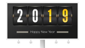 Happy new year 2019. Airport timetable with number of new year on billboard. Flip countdown timer. Mechanical scoreboard. Of counter of elapsed time. Vector royalty free illustration Happy new year 2019. Airport timetable with number of new year on billboard. Flip countdown timer. Mechanical scoreboard. Of counter of elapsed time. Vector royalty free illustration