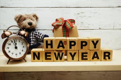 Happy New Year Alphabet Letters On Wooden Background Stock Photos