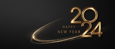 2024 Happy New Year background with golden waves swirl with golden sparkles on black background. Abstract shiny color. Gold wave premium holiday design element