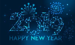 Happy new year 2019 banner design. Geometric polygonal 2019 new year greeting card. Vector fireworks background. stock illustration Happy new year 2019 banner design. Geometric polygonal 2019 new year greeting card. Vector fireworks background. stock illustration